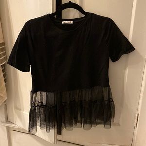 Black crop top with sheer tulle panel